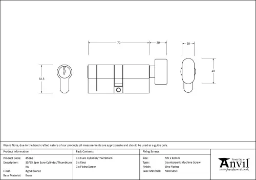 Click Here To Enlarge This Photo Of 45868 From The Anvil Aged Bronze 35/35 5pin Euro Profile Cylinder & Turn (Keyed Alike)