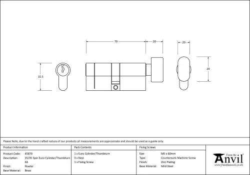 Click Here To Enlarge This Photo Of 45870 From The Anvil Pewter 35/35 5pin Euro Profile Cylinder & Turn (Keyed Alike)