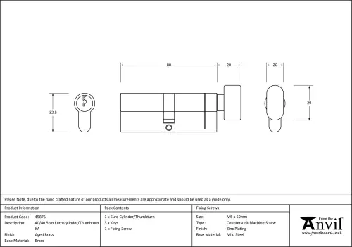 Click Here To Enlarge This Photo Of 45875 From The Anvil Aged Brass 40/40 5pin Euro Profile Cylinder & Turn (Keyed Alike)