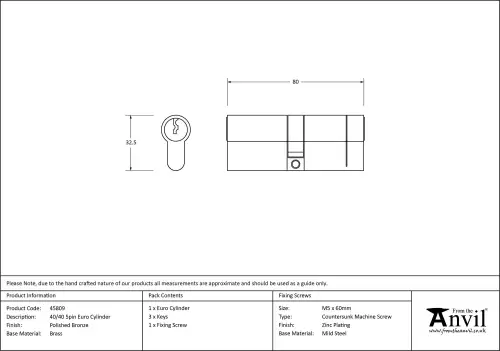 Click Here To Enlarge This Photo Of 45809 From The Anvil Polished Bronze 40/40 5pin Euro Profile Double Cylinder