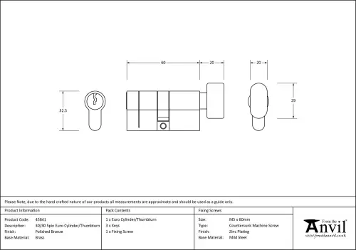 Click Here To Enlarge This Photo Of 45841 From The Anvil Polished Bronze 30/30 5pin Euro Profile Cylinder & Turn