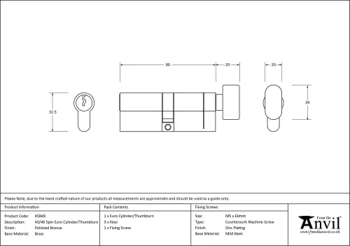 Click Here To Enlarge This Photo Of 45849 From The Anvil Polished Bronze 40/40 5pin Euro Profile Cylinder & Turn