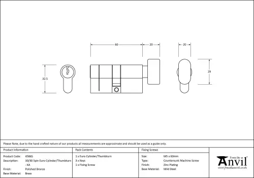 Click Here To Enlarge This Photo Of 45865 From The Anvil Polished Bronze 30/30 5pin Euro Profile Cylinder & Turn (Keyed Alike)