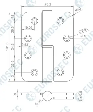 Click Here To Enlarge This Photo Of H3N1203/13/SSS/R/L - Carlisle Brass Eurospec 102mm x 76mm x 3mm Grade 13 Lift Off Hinges (Radius) Satin Stainless Steel (Left Hand)