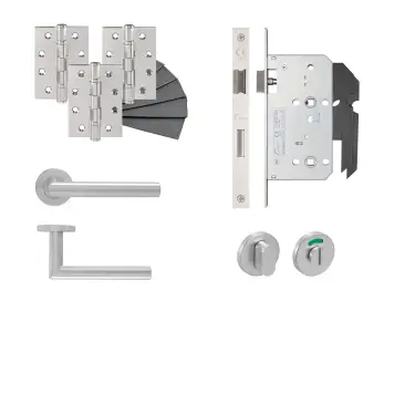 Click Here To Enlarge This Photo Of Eclipse 24412 Mitred Lever Bathroom DIN Lock Door Pack - Satin Stainless Steel