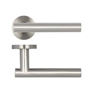 JSS412 Frelan Hardware Atlanta Door Handles on Rose Grade 304 Satin Stainless Steel