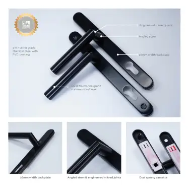 Click Here To Enlarge This Photo Of BLU Performance Angled Lever Door Handle on Backplate Set &lpar;92mm c&sol;c&rpar; 316 Stainless Steel in a PVD Satin Black Finish &lpar;AML096-PBK&rpar;