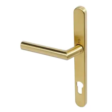 Click Here To Enlarge This Photo Of BLU Performance Angled Lever Door Handle on Backplate Set &lpar;92mm c&sol;c&rpar; 316 Stainless Steel in a PVD Satin Brass Finish &lpar;AML096-PSB&rpar;