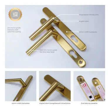 Click Here To Enlarge This Photo Of BLU Performance Angled Lever Door Handle on Backplate Set &lpar;92mm c&sol;c&rpar; 316 Stainless Steel in a PVD Satin Brass Finish &lpar;AML096-PSB&rpar;