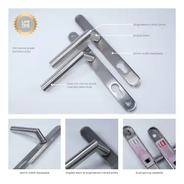 Click Here To Enlarge This Photo Of BLU Performance Angled Lever Door Handle on Backplate Set &lpar;92mm c&sol;c&rpar; 316 Satin Stainless Steel &lpar;AML096-SSS&rpar;