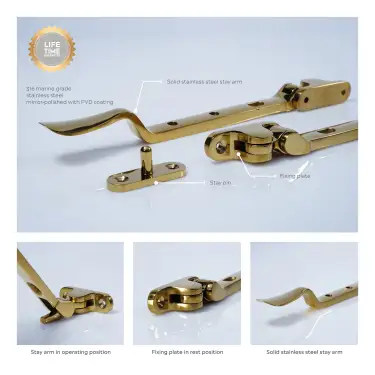 Click Here To Enlarge This Photo Of BLU Performance Regent 8" &lpar;203mm&rpar; Casement Window Stay&comma; 316 Stainless Steel in a PVD Polished Brass Finish &lpar;REG300-8-PPB&rpar;