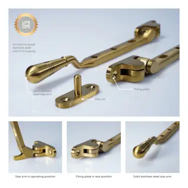 Click Here To Enlarge This Photo Of BLU Performance 11" &lpar;279mm&rpar; Opera Casement Window Stay&comma; 316 Stainless Steel in a PVD Satin Brass Finish Finish &lpar;TBH300-11-PSB&rpar;