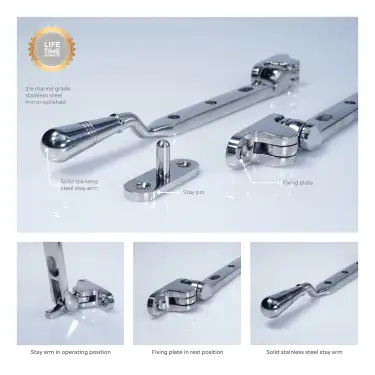 Click Here To Enlarge This Photo Of BLU Performance 11" &lpar;279mm&rpar; Opera Casement Window Stay&comma; 316 Polished Stainless Steel &lpar;TBH300-11-PSS&rpar;