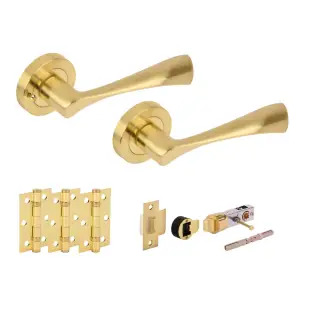 H2846SB - Hunta 'Zena' Satin Brass Privacy Bullet Latch Doorpack with 3" Ball Bearing Hinges &lpar;57mm Backset&rpar;