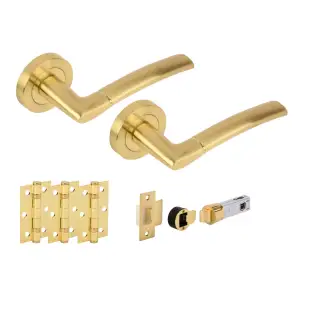 H2849SB - Hunta 'Nemo' Satin Brass Passage Bullet Latch Doorpack with 3" Ball Bearing Hinges &lpar;57mm Backset&rpar;