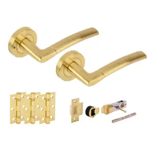 H2850SB - Hunta 'Nemo' Satin Brass Privacy Bullet Latch Doorpack with 3" Ball Bearing Hinges &lpar;57mm Backset&rpar;