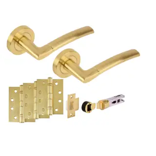 H2888SB - Hunta 'Nemo' Satin Brass Passage Bullet Latch Doorpack with 4" Fire Door Ball Bearing Hinges &lpar;57mm Backset&rpar;