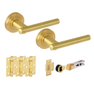 H2889SB - Hunta 'Solus' Satin Brass Passage Bullet Latch Doorpack with 3" Ball Bearing Hinges &lpar;57mm Backset&rpar;