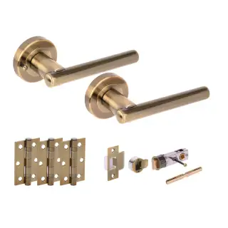 H2890ABR - Hunta 'Solus' Antique Bronze Privacy Bullet Latch Doorpack with 3" Ball Bearing Hinges &lpar;57mm Backset&rpar;