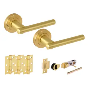H2890SB - Hunta 'Solus' Satin Brass Privacy Bullet Latch Doorpack with 3" Ball Bearing Hinges &lpar;57mm Backset&rpar;