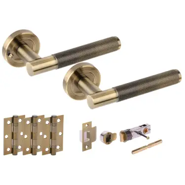 Click Here To Enlarge This Photo Of H2893ABR - Hunta 'Evo' Knurled Antique Bronze Privacy Bullet Latch Doorpack with 3" Ball Bearing Hinges &lpar;57mm Backset&rpar;
