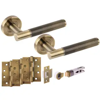 H2894ABR - Hunta 'Evo' Knurled Antique Bronze Passage Bullet Latch Doorpack with 4" Fire Door Ball Bearing Hinges &lpar;57mm Backset&rpar;