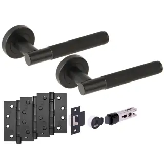 H2894BM - Hunta 'Evo' Knurled Matt Black Passage Bullet Latch Doorpack with 4" Fire Door Ball Bearing Hinges &lpar;57mm Backset&rpar;