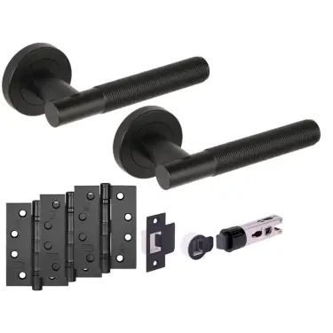 Click Here To Enlarge This Photo Of H2886BM - Hunta 'Halo' Matt Black Passage Bullet Latch Doorpack with 4" Fire Door Ball Bearing Hinges &lpar;57mm Backset&rpar;