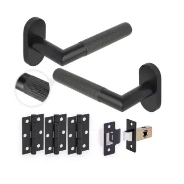 Click Here To Enlarge This Photo Of H2932BM - Hunta Matt Black Urban Apex Knurled Lever Door Handle Set for Narrow Stile Doors with 3" Ball Bearing Hinges &lpar;35mm Backset&rpar;