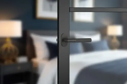 Click Here To Enlarge This Photo Of H2932BM - Hunta Matt Black Urban Apex Knurled Lever Door Handle Set for Narrow Stile Doors with 3" Ball Bearing Hinges &lpar;35mm Backset&rpar;