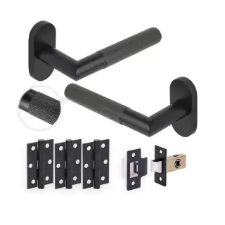 H2932BM - Hunta Matt Black Urban Apex Knurled Lever Door Handle Set for Narrow Stile Doors with 3" Ball Bearing Hinges &lpar;35mm Backset&rpar;