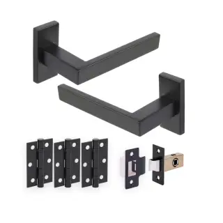 H2933BM - Hunta Matt Black Urban Vecta Square Lever Door Handle Set for Narrow Stile Doors with 3" Ball Bearing Hinges &lpar;35mm Backset&rpar;