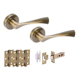 H2843ABR - Hunta 'Zena' Antique Brass Passage Premium Latch Doorpack with 3" Ball Bearing Hinges &lpar;57mm Backset&rpar;