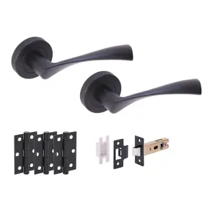 H2843BM - Hunta 'Zena' Matt Black Passage Premium Latch Doorpack with 3" Ball Bearing Hinges &lpar;57mm Backset&rpar;