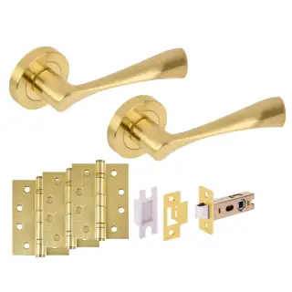 H6151SB - Hunta 'Zena' Satin Brass Passage Premium Latch Doorpack with 4" Fire Door Ball Bearing Hinges &lpar;57mm Backset&rpar;