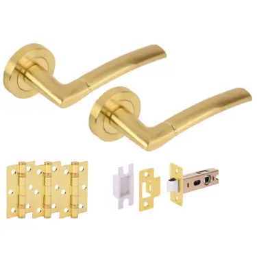 Click Here To Enlarge This Photo Of H2847SB - Hunta 'Nemo' Satin Brass Passage Premium Latch Doorpack with 3" Ball Bearing Hinges &lpar;57mm Backset&rpar;