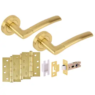 H6152SB - Hunta 'Nemo' Satin Brass Passage Premium Latch Doorpack with 4" Fire Door Ball Bearing Hinges &lpar;57mm Backset&rpar;