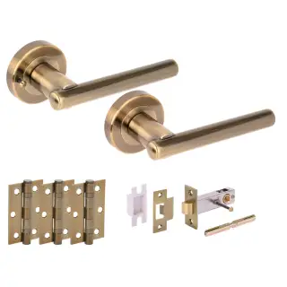 H6102ABR - Hunta 'Solus' Antique Brass Privacy Premium Latch Doorpack with 3" Ball Bearing Hinges &lpar;57mm Backset&rpar;