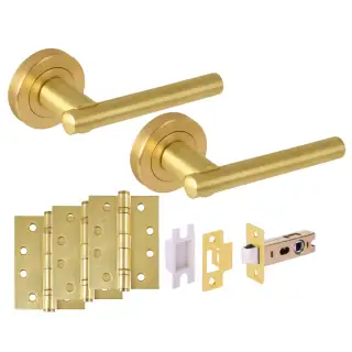 H6103SB - Hunta 'Solus' Satin Brass Passage Premium Latch Doorpack with 4" Fire Door Ball Bearing Hinges &lpar;57mm Backset&rpar;