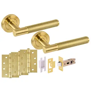 H6153SB - Hunta 'Evo' Satin Brass Passage Premium Latch Doorpack with 4" Fire Door Ball Bearing Hinges &lpar;57mm Backset&rpar;