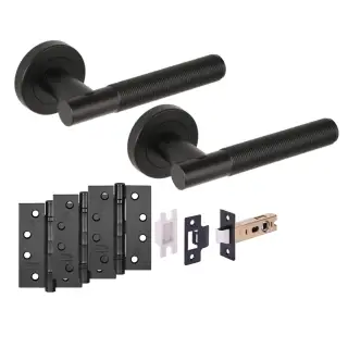 H6112BM - Hunta 'Halo' Matt Black Passage Premium Latch Doorpack with 4" Fire Door Ball Bearing Hinges &lpar;57mm Backset&rpar;