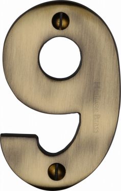 Click Here To Enlarge This Photo Of C1566 9-AT Heritage Brass Numeral 9 Face Fix 76mm (3") Antique Brass Finish
